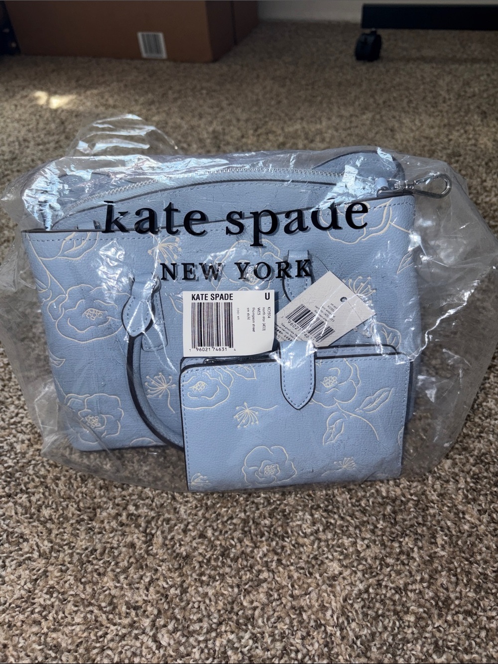 kate spade light blue floral satchel with matching wallet